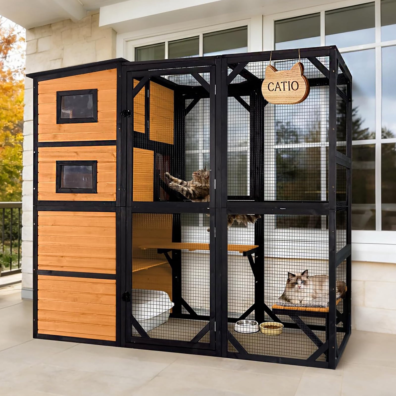 Aivituvin 77" Tall Catio Outdoor Cat Enclosure, Large Wooden Cat House with Waterproof Roof & 3-Tier Platforms, Walk-in Outside Cat Patio with Connectable Window Door for Multiple Cats (Orange)