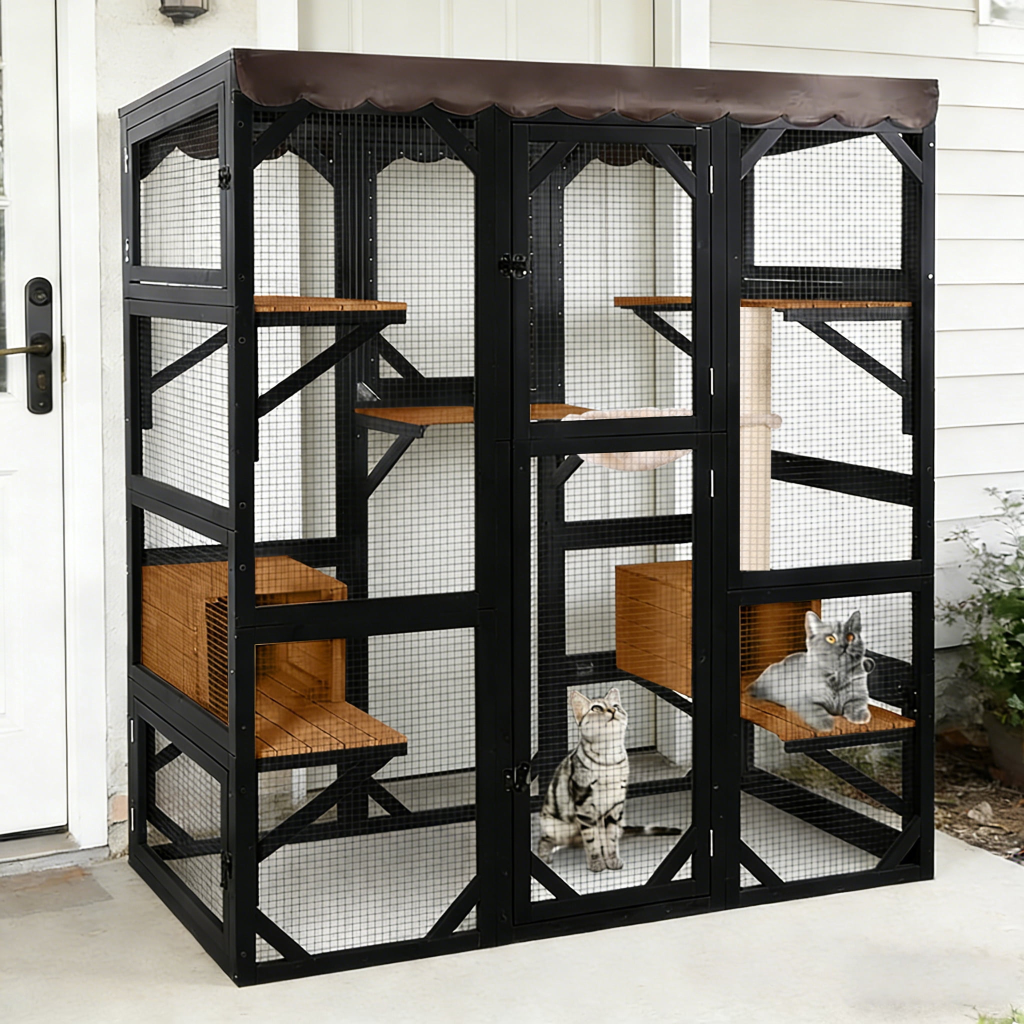 Aivituvin Catio Outdoor Cat Enclosure 70" Large Window Catio Wooden Cat House Walk-in Cat Cage with 7 Platforms Waterproof Cover for 2-6 Cats (Black)
