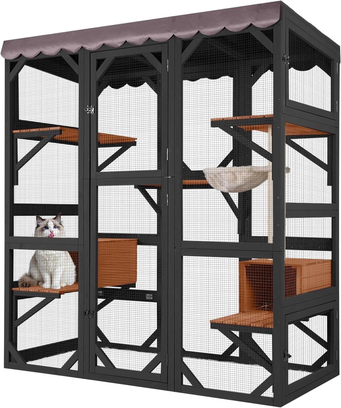 Aivituvin Catio Large Cat House Outdoor Walk in Outdoor Cat Enclosure Indoor Cage Kitty Condo Playpen with Door, Platform, Scratch Post, Hammock - Black