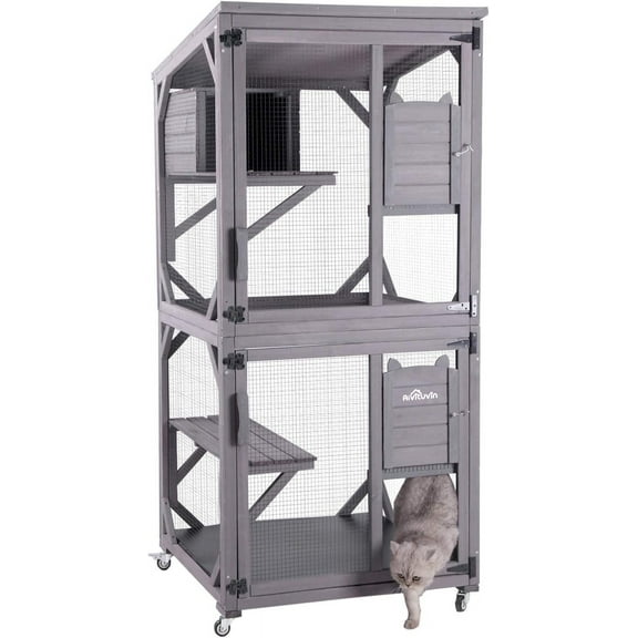 Aivituvin Catio Outdoor Cat House Wooden Cat Enclosure Resting Box with 3 Platforms, 71 inch Kitten Condo Pets Cage, Gray