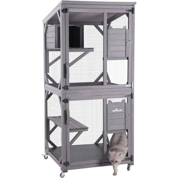 Aivituvin Catio Outdoor Cat House Wooden Cat Enclosure Resting Box with 3 Platforms, 71 inch Kitten Condo Pets Cage, Gray