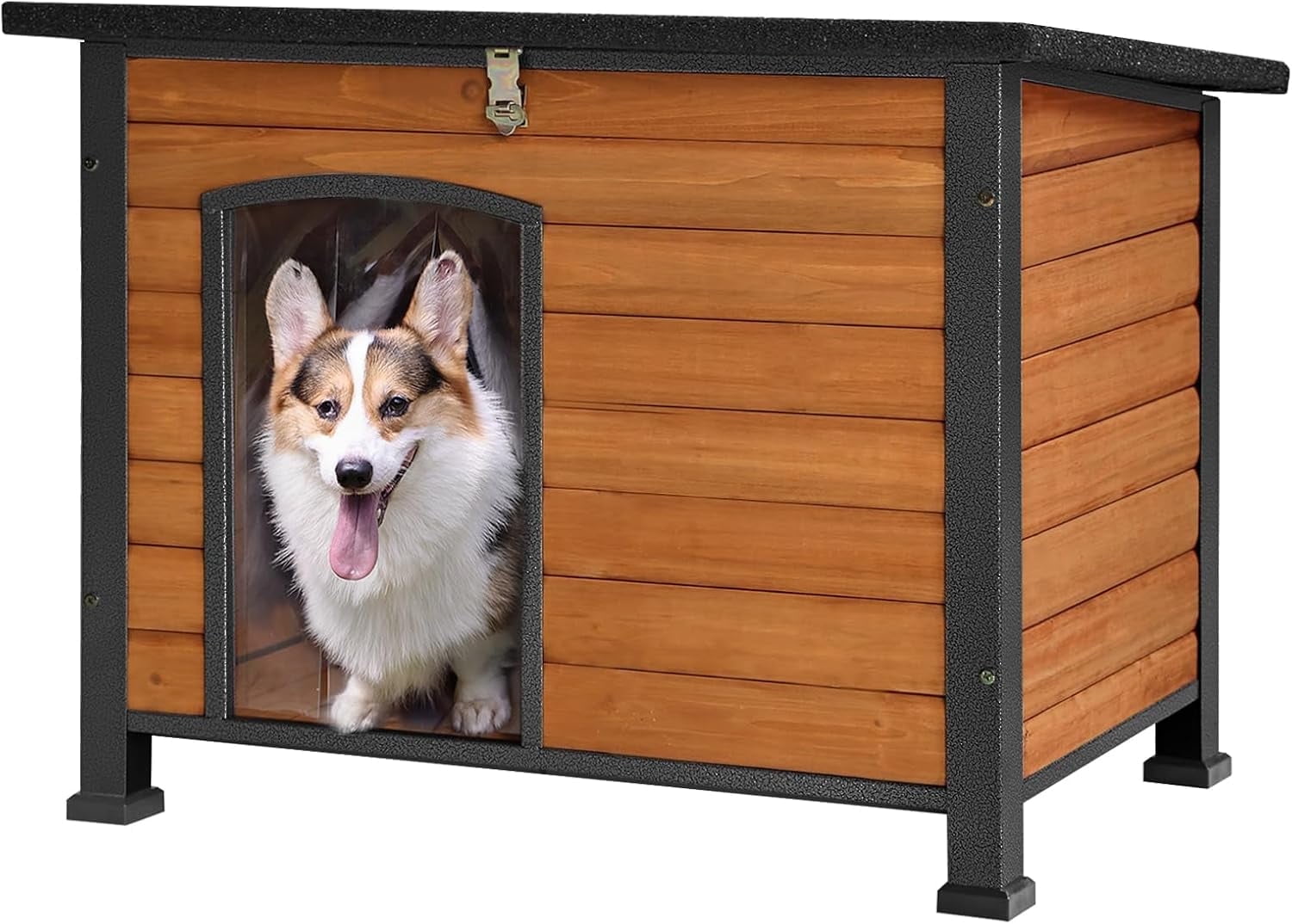 Aivituvin Chew Proof Dog House with Metal Iron Frame Outdoor Dog Kennel for Small Medium Large Indoor Dog Cage (33.5" L,Brown Color)