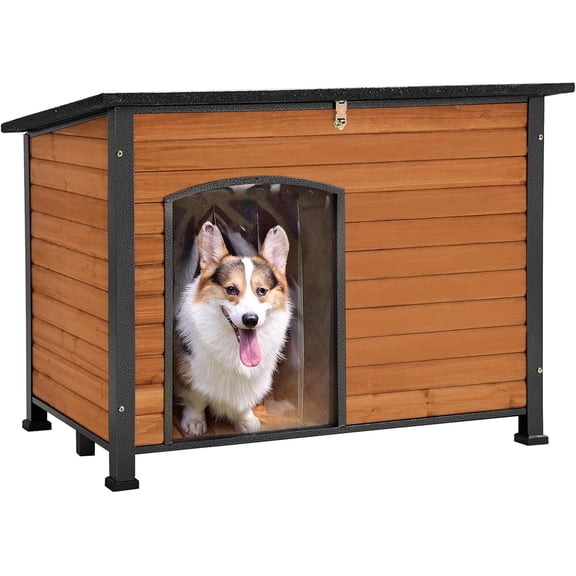 Aivituvin Chew Proof Dog House with Metal Iron Frame Outdoor Dog Kennel for Small Medium Large Indoor Dog Cage (43.3" L,Brown Color)