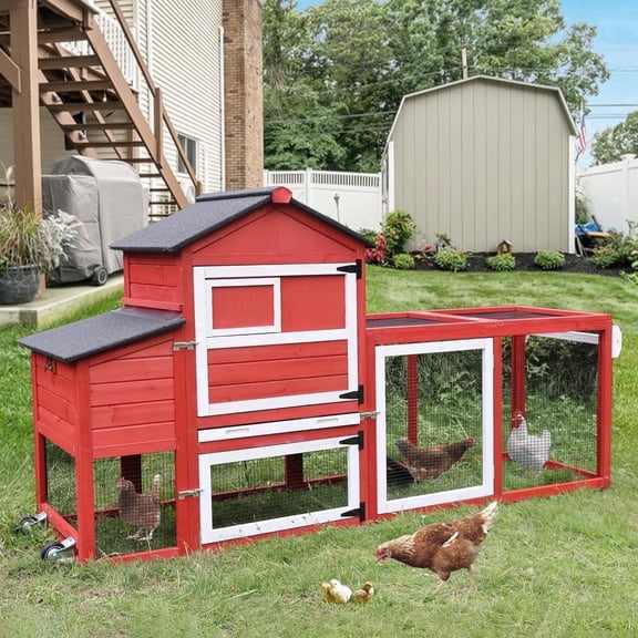 Aivituvin Chicken Coop for 2-4 Chickens,Outdoor Chicken House with Wheels, Nesting Box, Leakproof Pull-on Tray and UV-Resistant Roof Panel, Wooden Mobile Chicken Coop for Duck (Red, 70" L x 22" W x 4