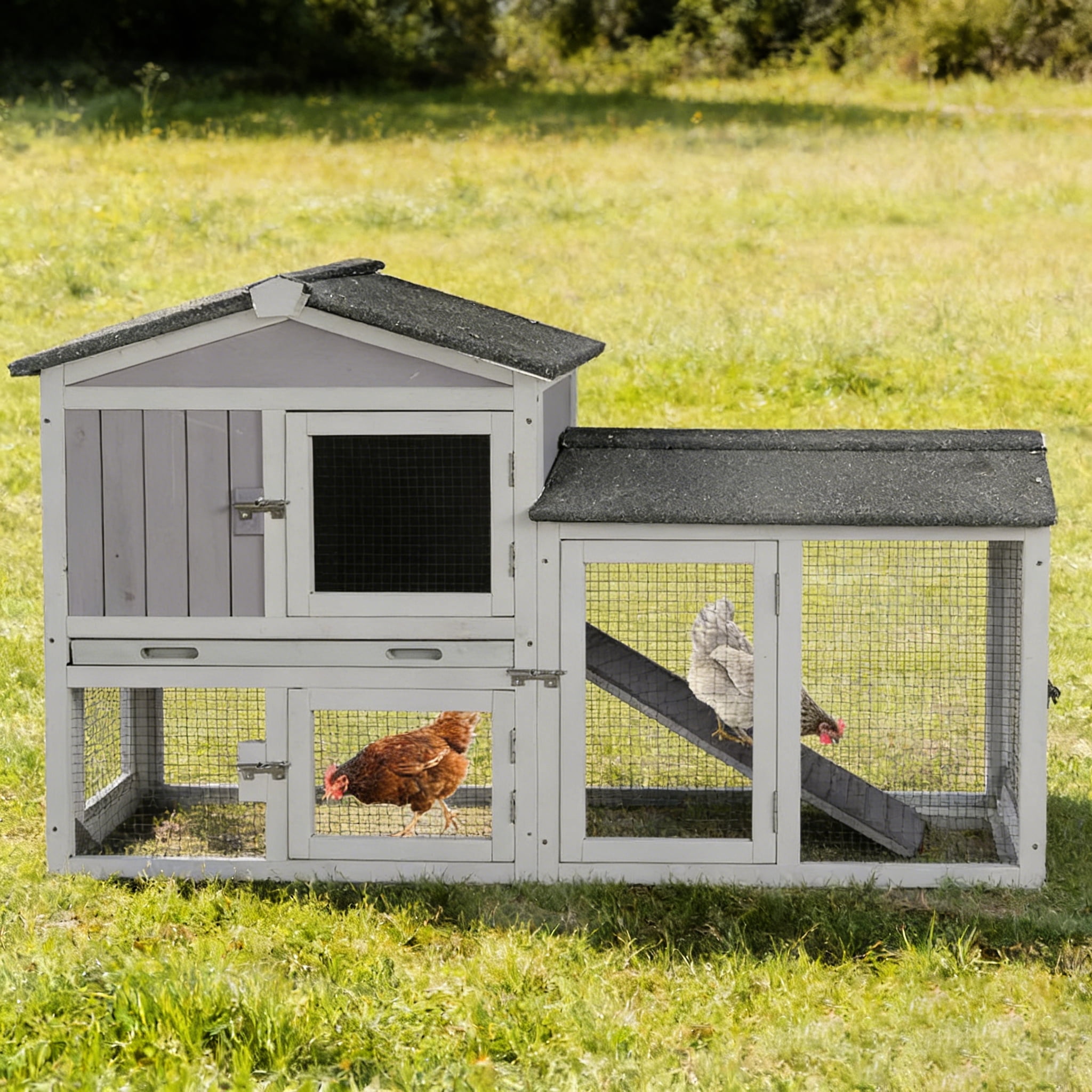 Aivituvin Chicken Coop Hen House with Run Outdoor Rabbit Cage Indoor Bunny Hutch with Waterproof Roof Poultry Cage,Rabbit Hutch with No Leakage Pull Out Tray Gray