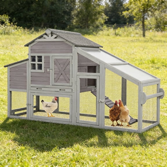 Aivituvin Wooden Chicken Coop for 4 Chickens Mobile Chicken House on Wheels Expandable Poultry Cage with Large Nesting Box and Pull-Out Tray Grey