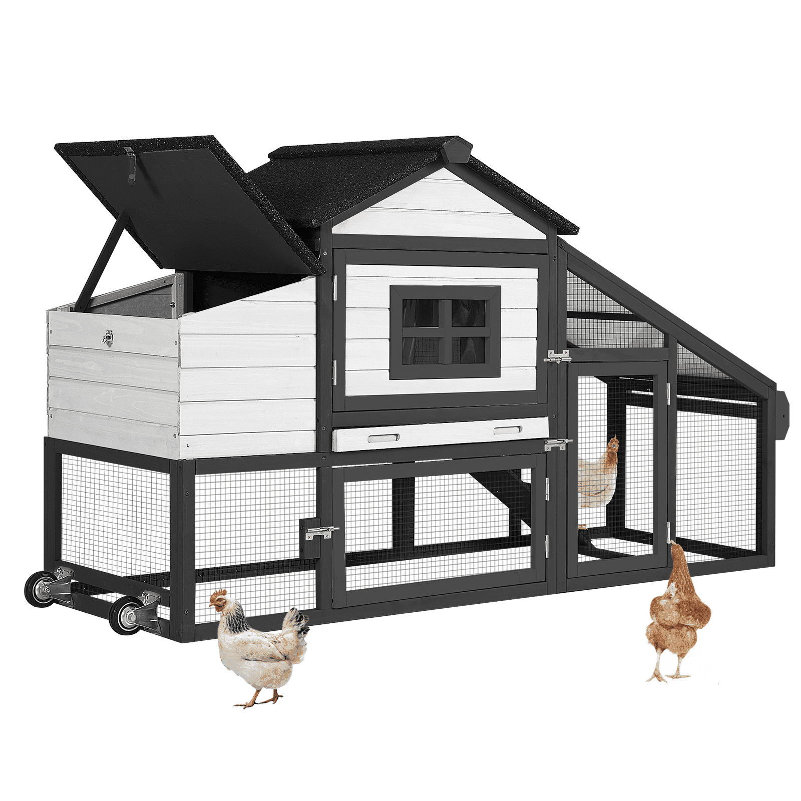 Aivituvin Chicken Coop, Mobile Chicken House with Wheels, Outdoor Hen House Poultry Cage with Nesting Box, Leakproof Pull Out Tray and UV-Resistant Roof,Rabbit Hutch Duck Coop (White & Black)