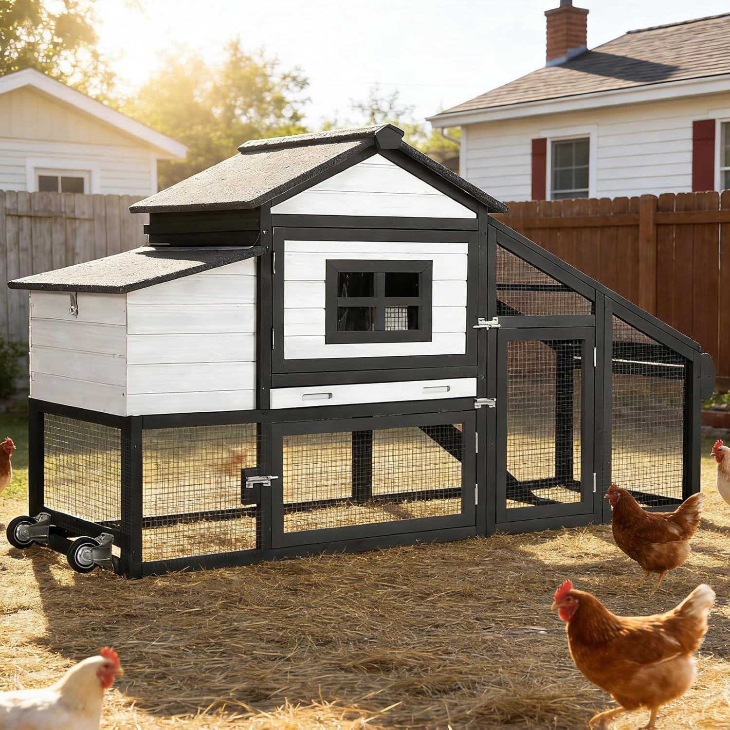 Aivituvin Chicken Coop, Mobile Chicken House with Wheels, Outdoor Hen House Poultry Cage with Nesting Box, Leakproof Pull Out Tray and UV-Resistant Roof,Rabbit Hutch Duck Coop (White & Black)