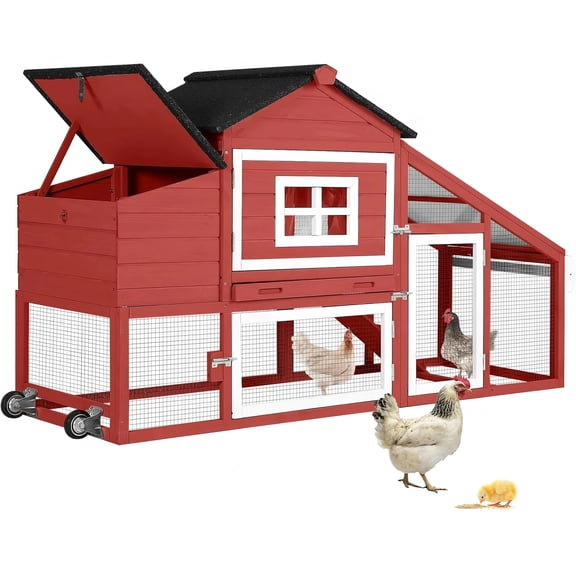 Aivituvin Chicken Coop with Wheels, Hen House Chickens Cage with Leak-Proof Tray, UV-Resistant Roof & Nesting Box for Chickens, Ducks, Rabbits (Red)