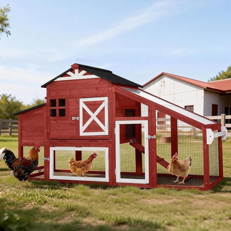 Aivituvin Mobile Chicken Coop with Run, Large Wooden Hen House Poultry Cage with Wheels, Nesting Box, Pull-Out Tray, Waterproof Roof, Red