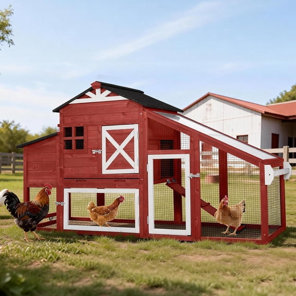 Aivituvin Mobile Chicken Coop with Run, Large Wooden Hen House Poultry Cage with Wheels, Nesting Box, Pull-Out Tray, Waterproof Roof, Red