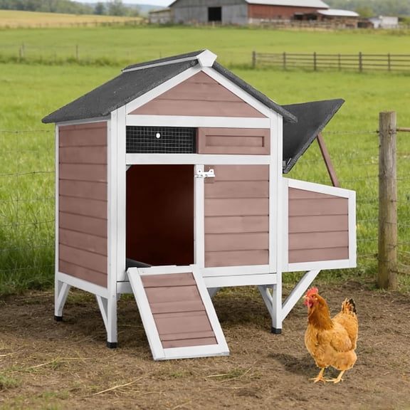 Aivituvin Chicken Coop Outdoor Weatherproof Chicken House with Lockable Nesting Box Slide-Out Cleaning Tray 2 Round Perches & Elevated Predator-Proof Base for 2-4 Chickens Ducks Brown