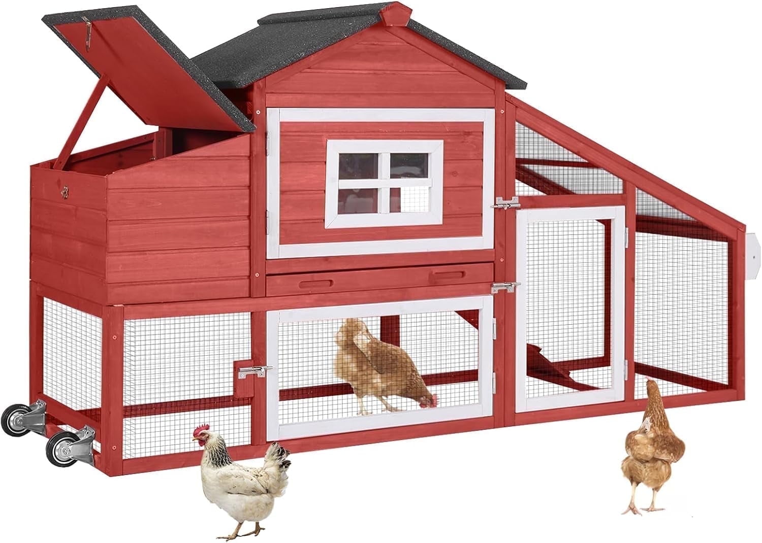 Aivituvin Mobile Chicken Coop with Wheels for 2-4 Chickens, Weatherproof Chicken House Poultry Cage with Nesting Box, Leakproof Pull-Out Tray for Outdoor Backyard, Red
