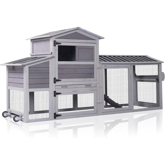 Aivituvin Chicken Coop with Nesting Box for 4-6 Hens 80.46"L Large Chicken House on Wheels Chicken House Chickens Cage with Run, Leakproof Tray Grey