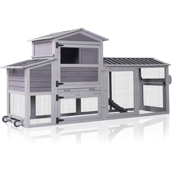 Aivituvin Chicken Coop with Nesting Box for 4-6 Hens 80.46"L Large Chicken House on Wheels Chicken House Chickens Cage with Run, Leakproof Tray Grey
