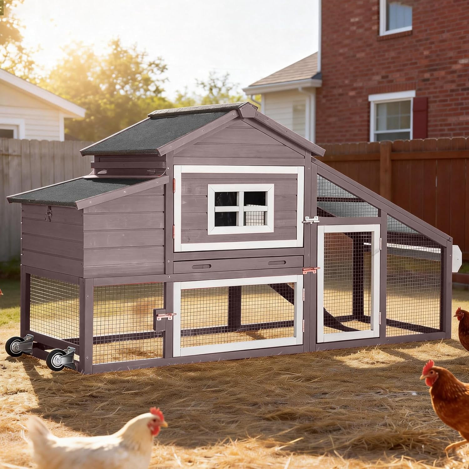 Aivituvin Mobile Chicken Coop with Run Large Hen House with Wheels Chicken House Poultry Cage with Nesting Box, Pull-Out Tray for 3-5 Chickens Brown