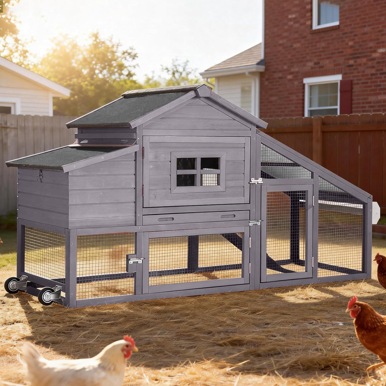 Aivituvin Chicken Coop for 2-4 Chickens with Wheels Outdoor Chicken House Mobile Large Poultry Cage Pull Out Tray No Leakage Red