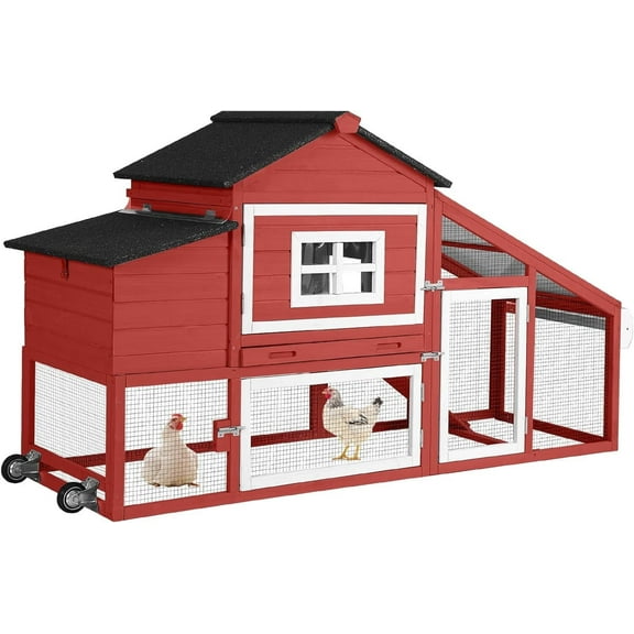 Aivituvin Chicken Coop for 2-4 Chickens with Wheels Outdoor Chicken House Mobile Large Poultry Cage Pull Out Tray No Leakage Red