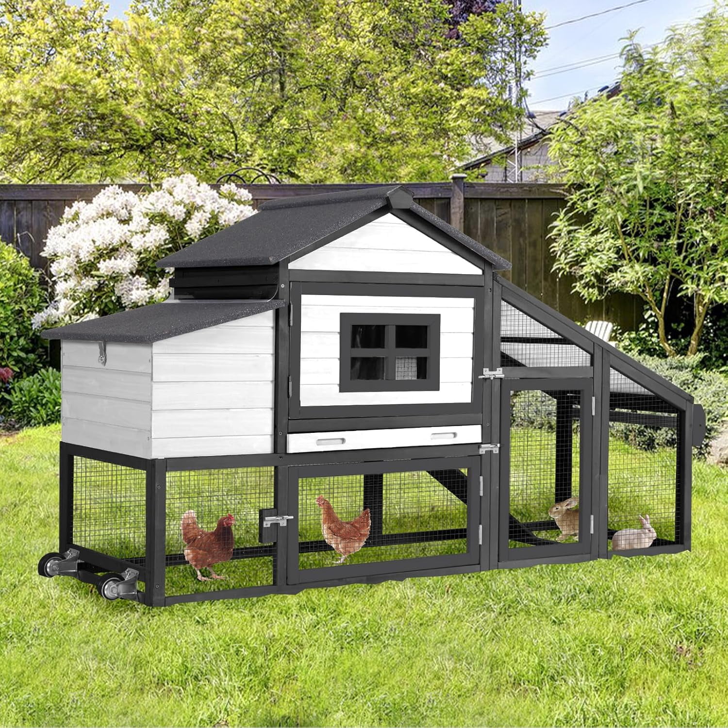 Aivituvin Mobile Chicken Coop with Wheels for 4 Chickens, Backyard Expandable Chicken House Duck Cage with Run, 2 Nesting Boxes, Easy Clean Pull-Out Tray, Weatherproof Roof (Black)