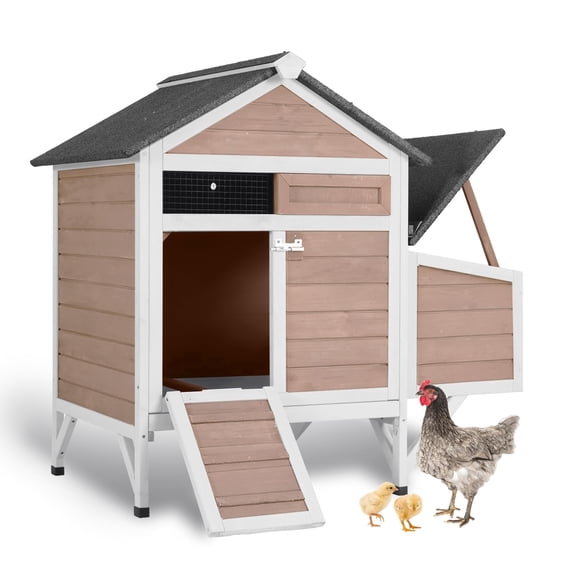 Aivituvin Chicken Coop with Nesting Box for 2-3 Chickens, Outdoor Elevated Hen House with Weatherproof Asphalt Roof , Leakproof Pull-Out Tray, Brown