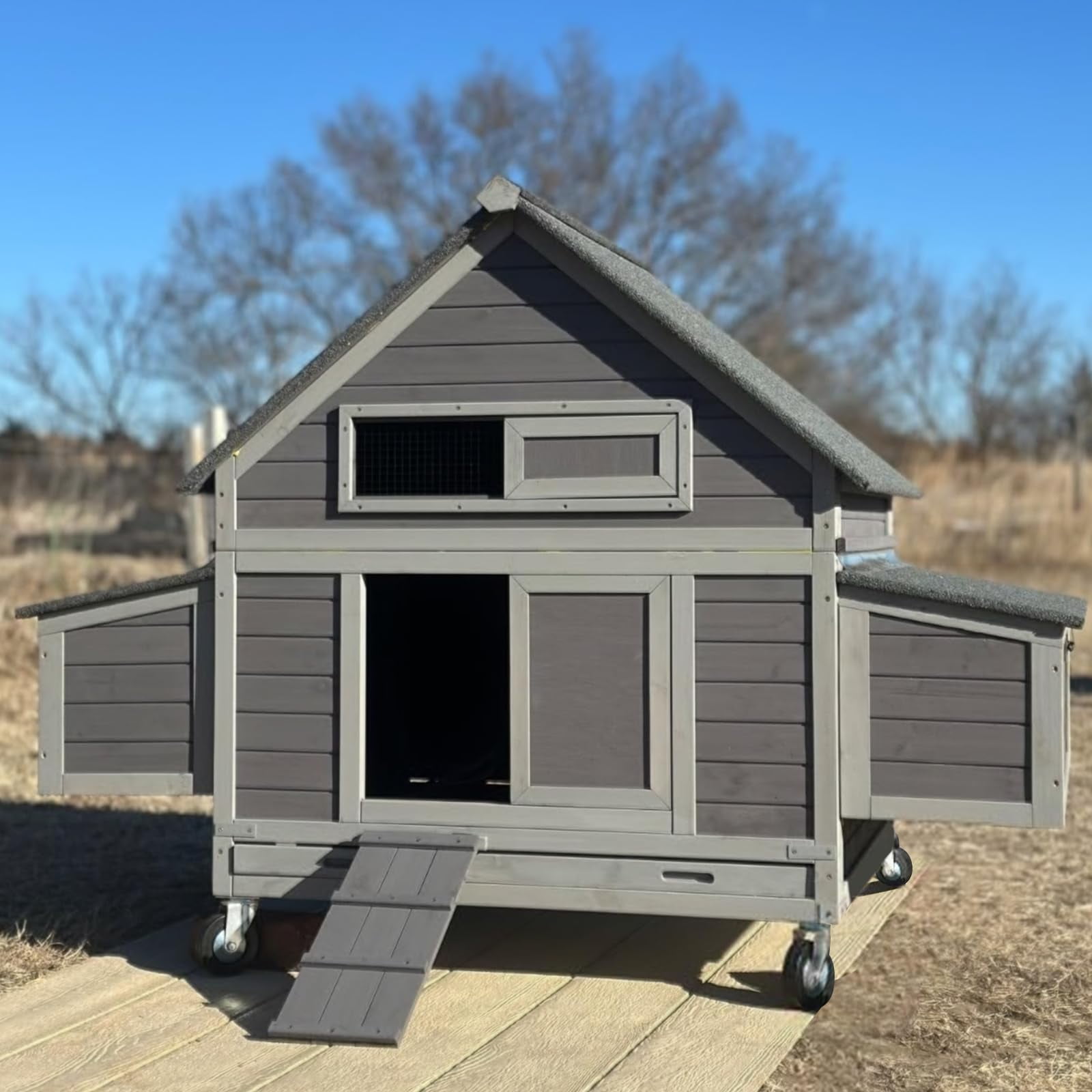 Gray Wooden Portable Chicken Coop with Wheels and Nesting Box