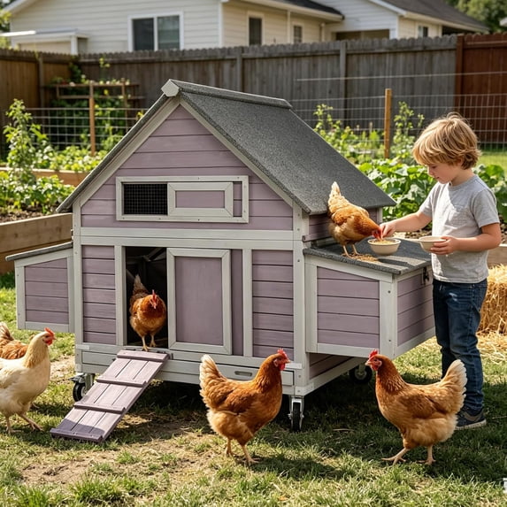 Aivituvin Large Mobile Chicken Coop with Wheels, 6 Nesting Box for 4-6 Chickens, Outdoor Hen House with Weatherproof Asphalt Roof, Pull-Out Tray