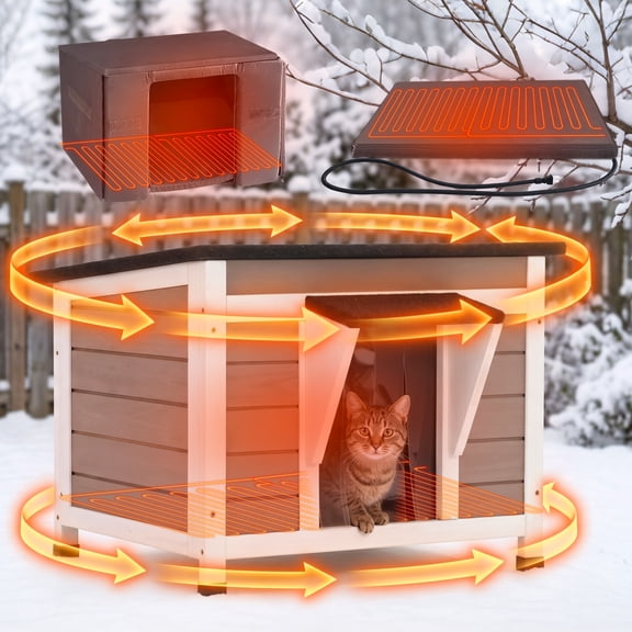 Aivituvin Heated Outdoor Cat House for Winter, 23.6" Insulated Wooden Feral Cat Shelter with Thermostatic Heating Pad, Raised Feet and Door Curtain