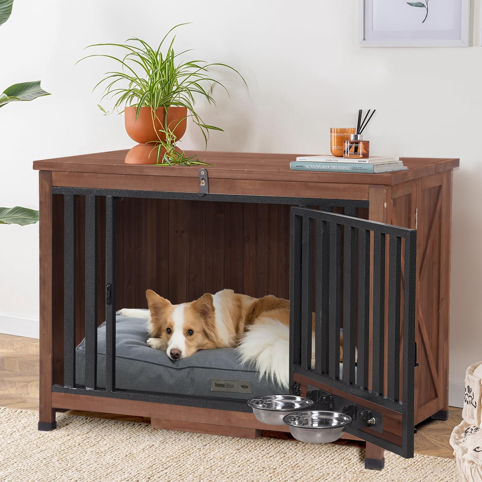 Aivituvin Dog Crate Furniture,Folable Indoor Dog Kennel with Pull-Out Tray and 2 Bowls,Modern Side End Table for Medium/Large/Small Dog (Brown, L)