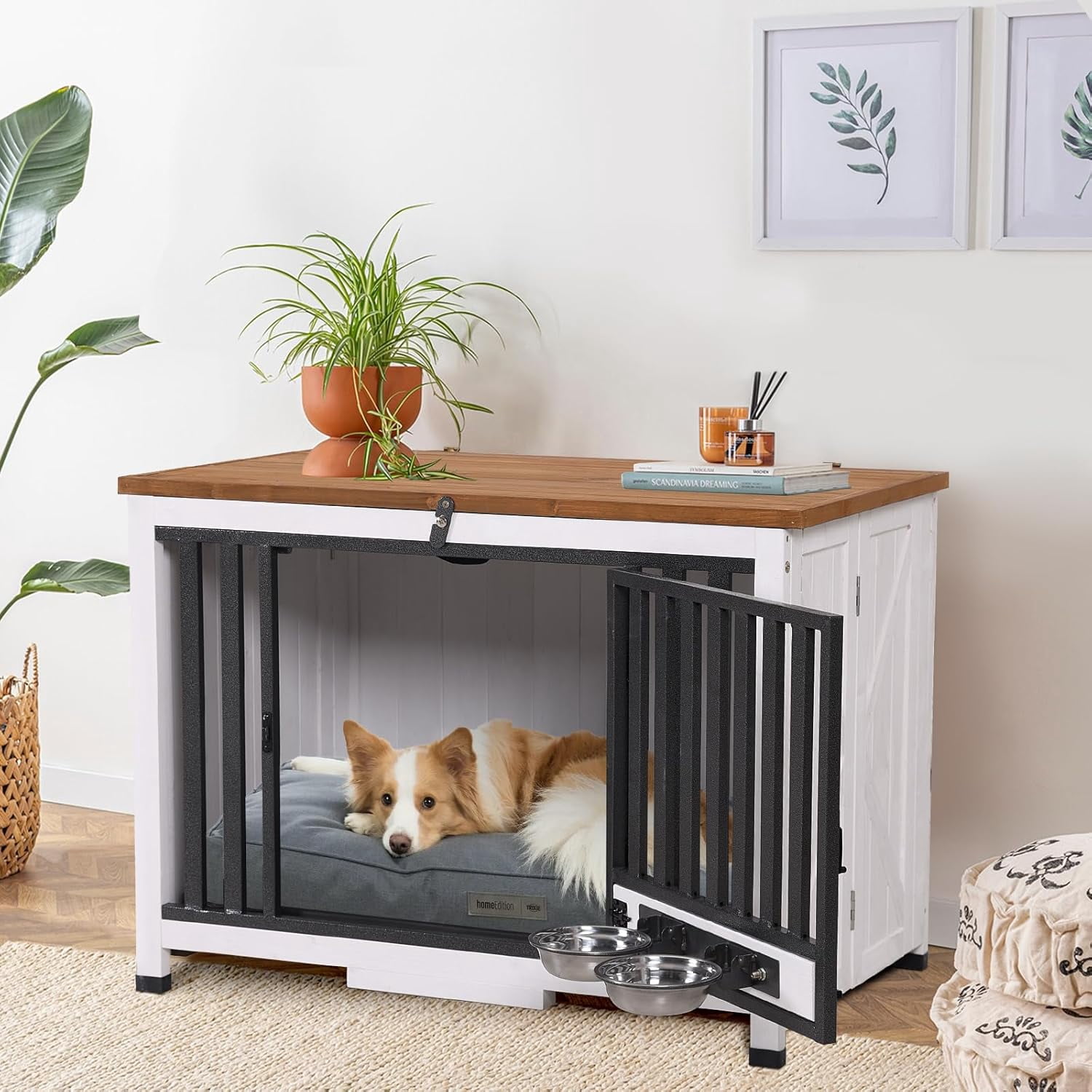 Aivituvin Dog Crate Furniture,Folable Indoor Dog Kennel with Pull-Out Tray and 2 Bowls,Modern Side End Table for Medium/Large/Small Dog
