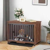 Aivituvin Dog Crate Furniture, Foldable Wooden Dog Kennel Furniture with 360° Rotating Feeding Bowls, Iron Frame Dog Crate with Deepened Sliding Tray , 39.4" L Brown