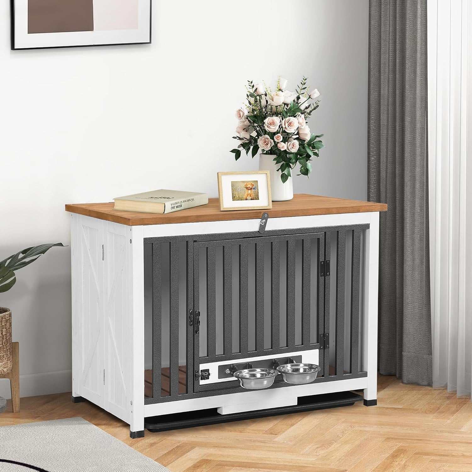 Aivituvin Dog Crate Furniture, Foldable Wooden Dog Kennel Furniture with 360° Rotating Feeding Bowls, Iron Frame Dog Crate with Deepened Sliding Tray, 33" L - White Brown