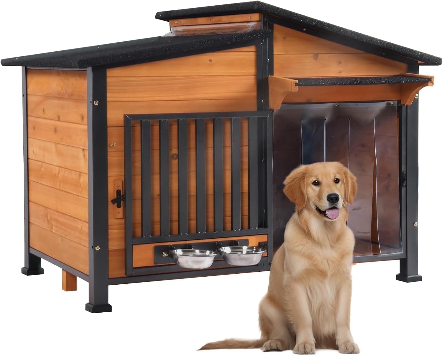 Dog House with Anti-Chewing Metal Frame Design Wooden Dog Kennel with Unique Design Roof, Weatherproof Dog House for Indoor & Outdoor Use (Wood, L)