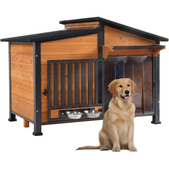 Dog House with Anti-Chewing Metal Frame Design Wooden Dog Kennel with Unique Design Roof, Weatherproof Dog House for Indoor & Outdoor Use (Wood, L)