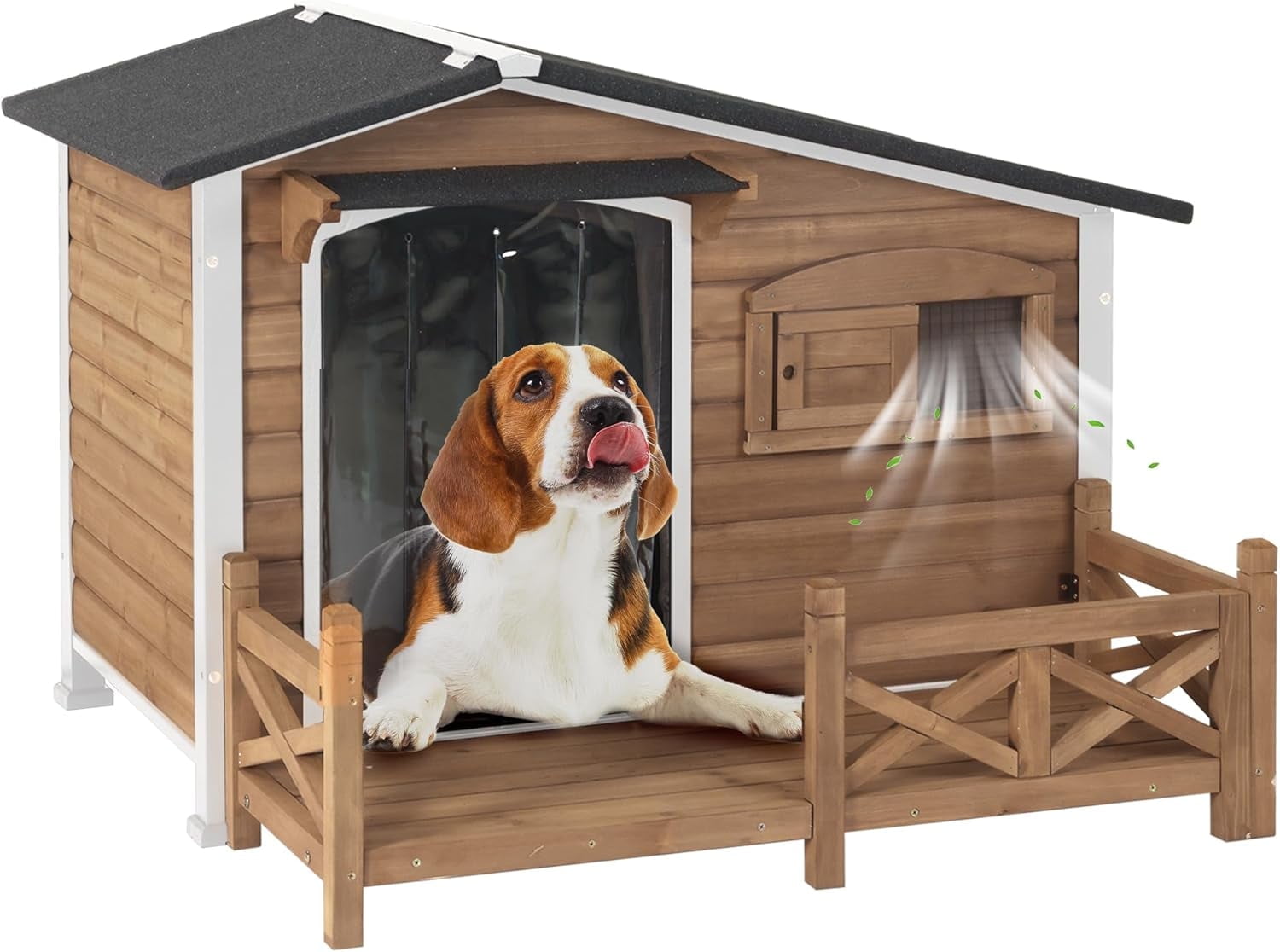 Aivituvin Dog House Outdoor with Anti-Chewing Metal Frame, Wooden Dog Kennel with Sliding Window, Detachable Floor, Weatherproof Roof - Brown