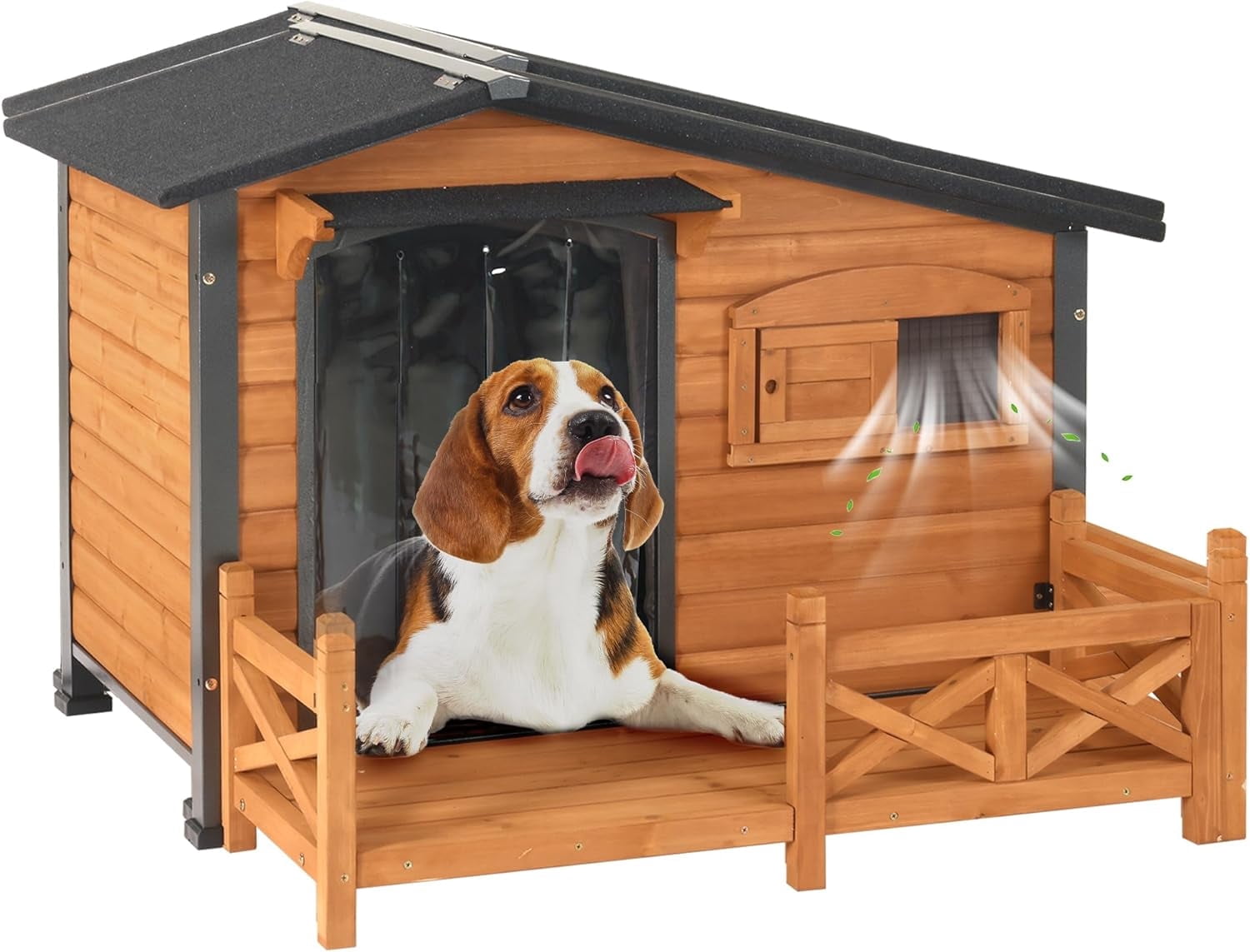 Aivituvin Dog House Outdoor with Anti-Chewing Metal Frame, Wooden Dog Kennel with Sliding Window, Detachable Floor, Weatherproof Roof - Natural