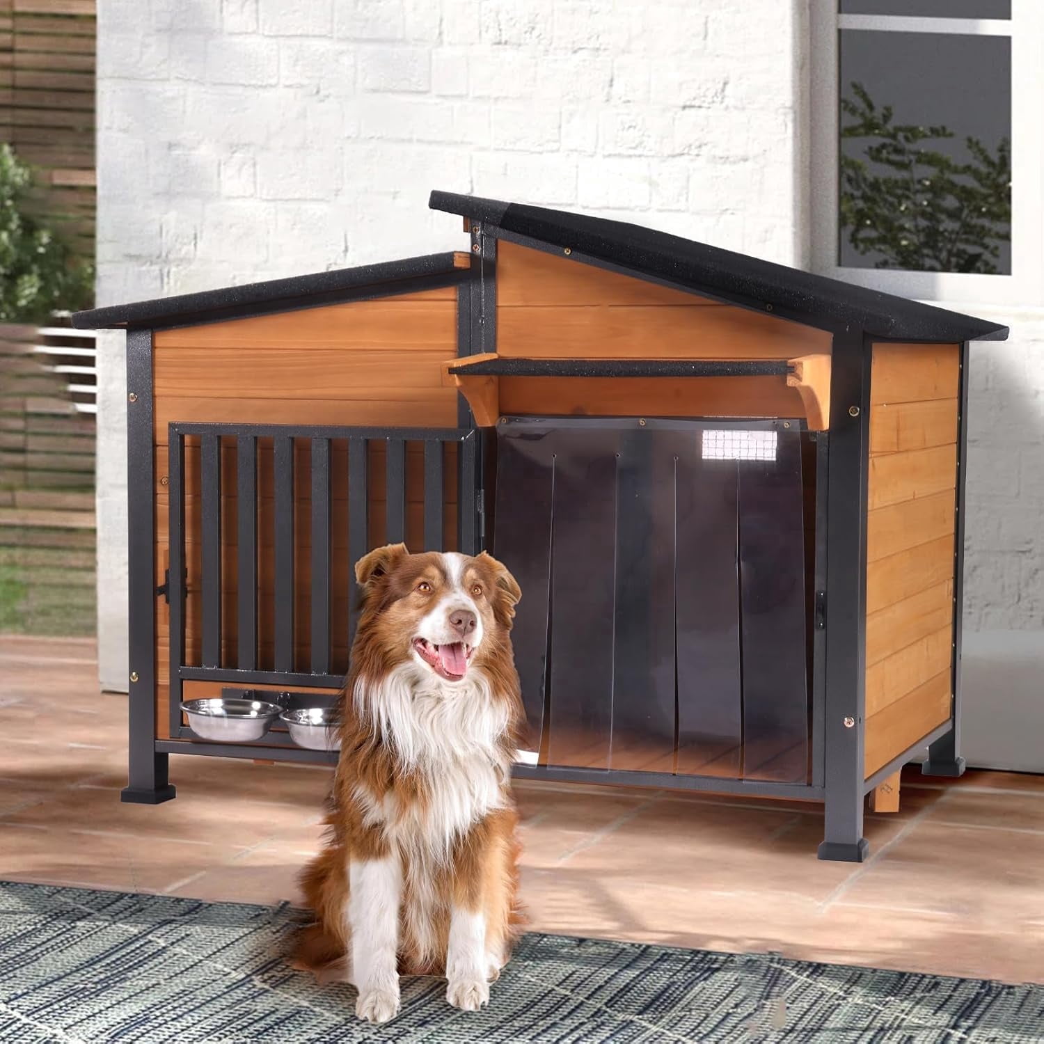 Aivituvin Dog House for Outdoor Use with Matel Frame, Waterproof Design - All-Weather Wooden Kennel with Sliding Window & Metal Frame