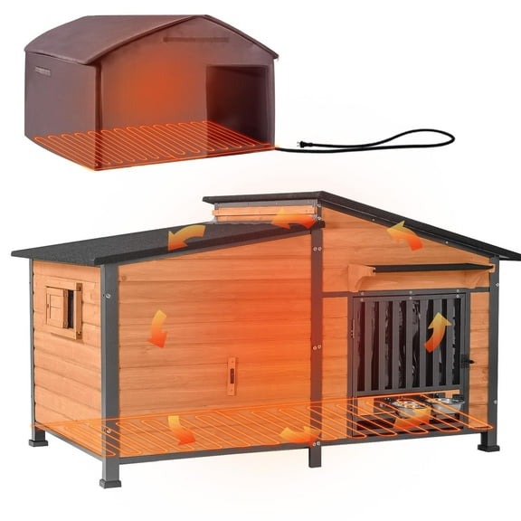 Aivituvin Extra Large 60" Insulated Heated Dog House with Heating Pad & Insulated Liner, Outdoor Dog House with Chew-Proof Metal Frame for Large Dog Breeds, Brown