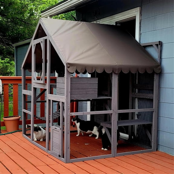 Aivituvin Extra Large Catio Outdoor Cat Enclosure Window Design for 6-10 Cats, Large Cat Run with Bridges, Walk-in Patio Cat House with 4 Access Doors, Waterproof Roof, 74 Inch