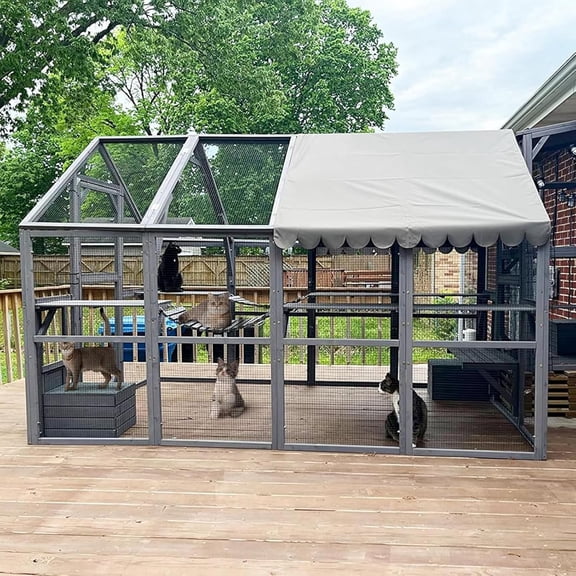 Aivituvin Extra Large Catio Outdoor Cat Enclosure Window Design for 8-15 Cats, Large Cat Run with Bridges, Walk-in Patio Cat House with 4 Access Doors, Waterproof Roof, 110 Inch