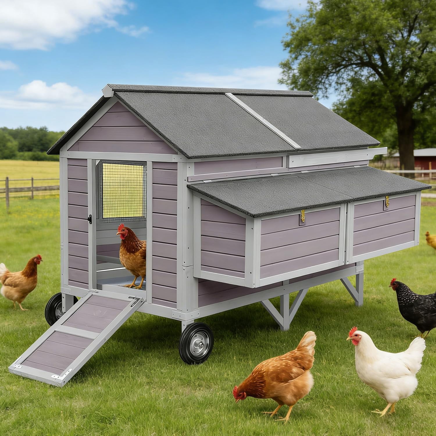 Aivituvin Extra Large Chicken Coop for 8-10 Chickens with Large Wheels Wooden Chicken Coop Spacious Habitat with 4 Perches 4 Nesting Boxes for Hen House Backyard Garden
