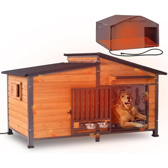 Aivituvin Extra Large Heated Dog House Insulated Dog Kennel Weatherproof Dog Shelter with Safe Heating Pad, Chew-Proof Metal Frame, Rotatable Spill-Proof Bowl for Large Dog Breeds, 60"L x 36"W x35.4"