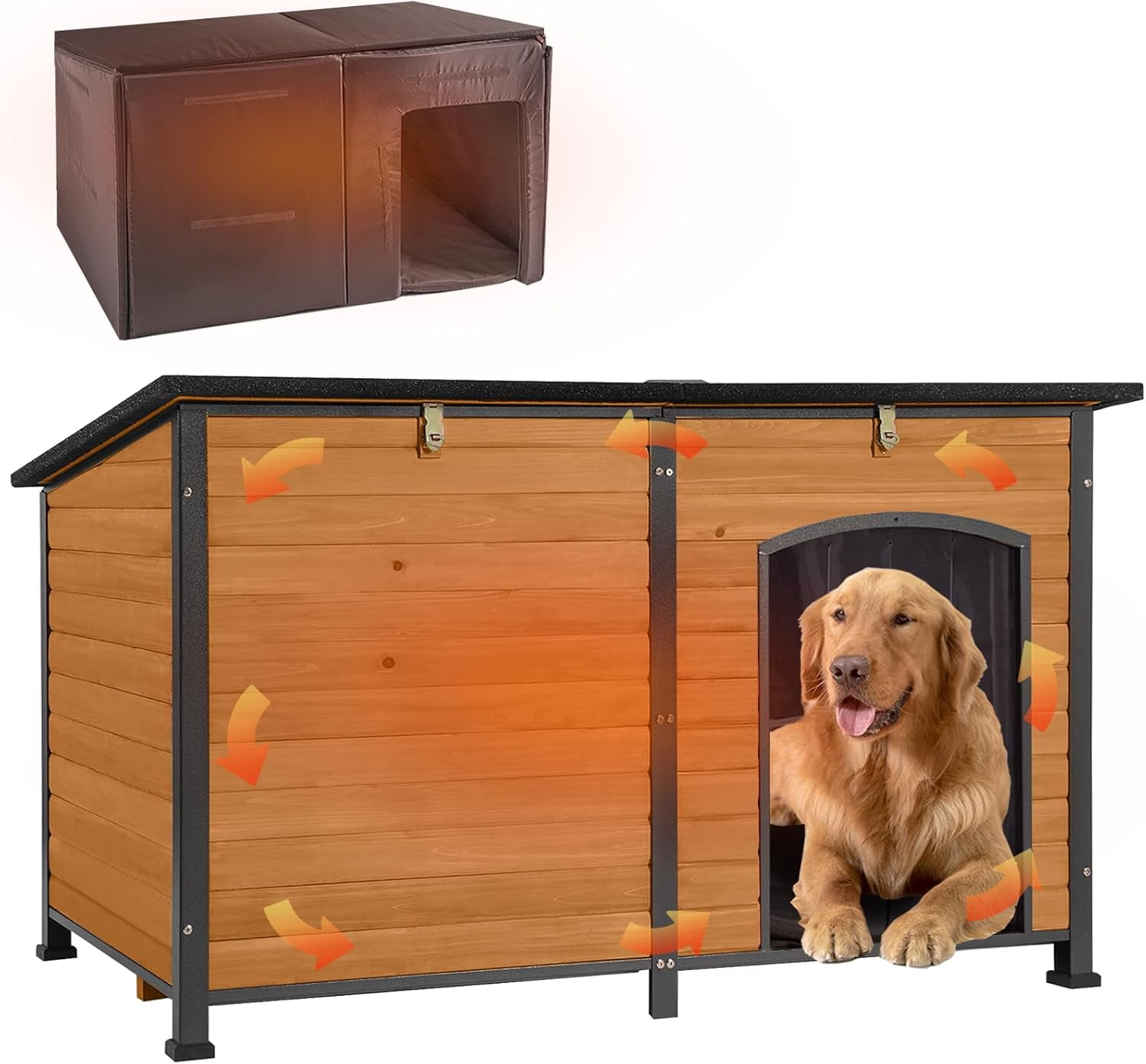 Aivituvin Extra Large Insulated Outdoor Dog House with Insulated Liner for Winter, Weatherproof Dog Kennel with All-Around Iron Frame for Small, Medium, and Large Dog (Brown)