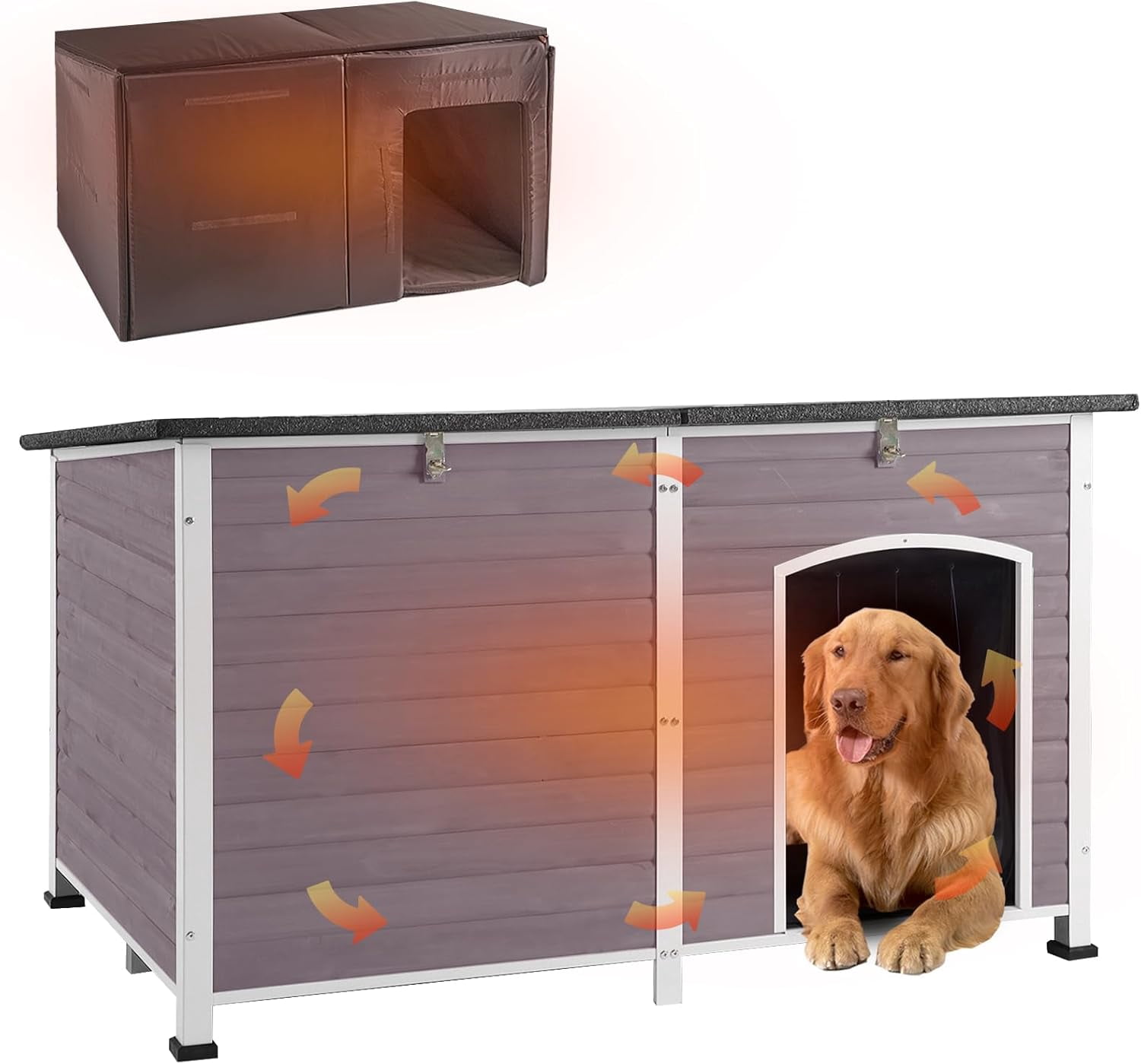 Aivituvin Extra Large Insulated Outdoor Dog House with Insulated Liner for Winter, Weatherproof Dog Kennel with All-Around Iron Frame for Small, Medium, and Large Dog (Gray)
