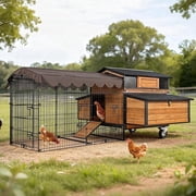 Aivituvin Large Chicken Coop with Run, Mobile Chicken House with Wheels and All-Around Iron Frame,Portable Poultry Cage for 6-10 Chickens, Nesting Box
