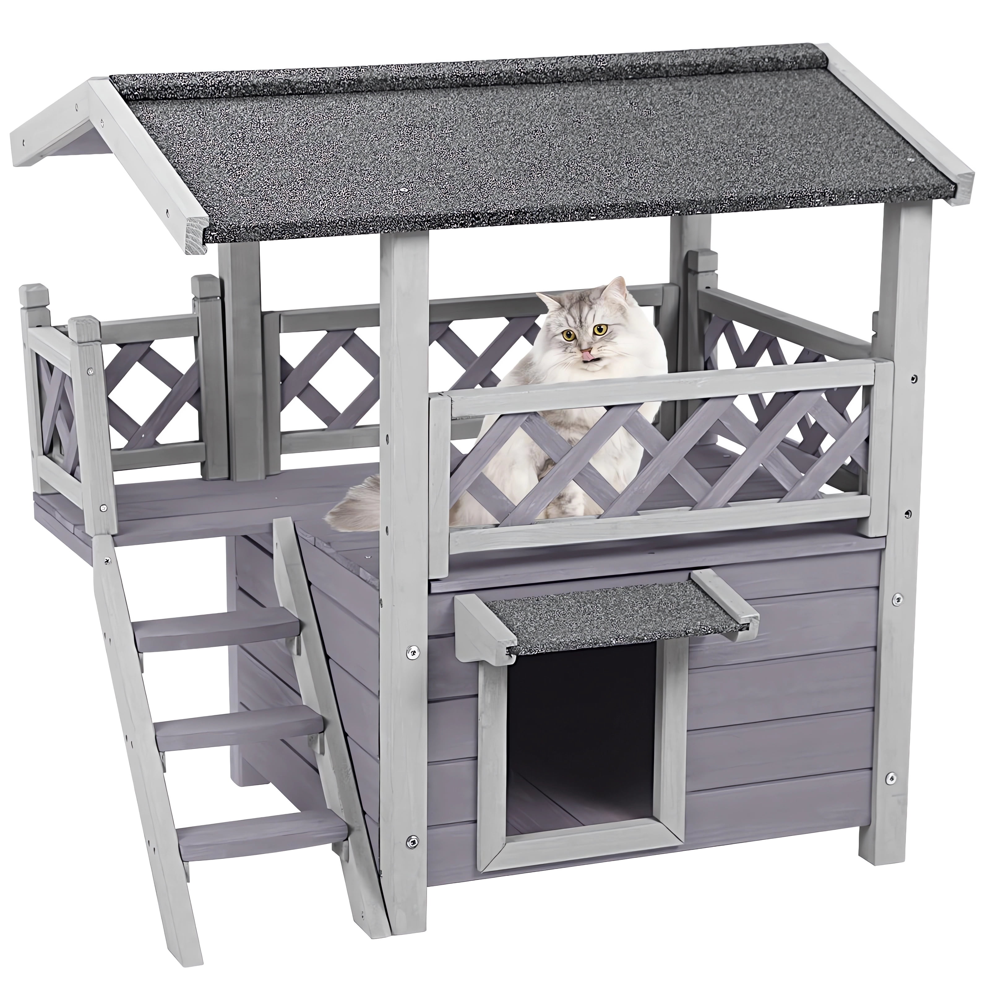 Aivituvin Feral Cat Shelter Outdoor Weatherproof Houses for Cats Two Story Wooden Cat House Outside Feral Cat House with Balcony Waterproof