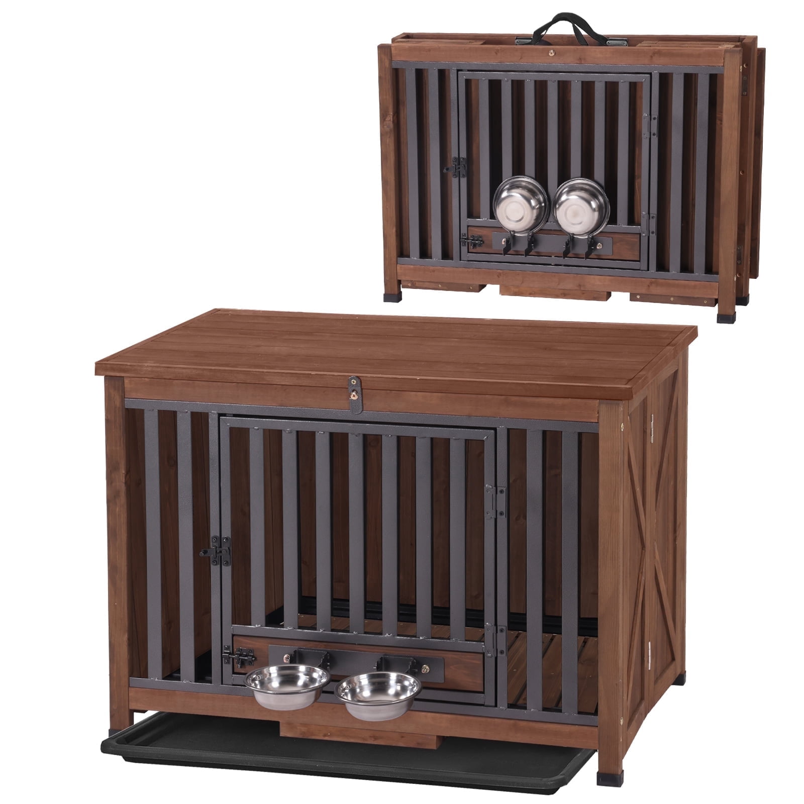Aivituvin Folding Dog Crate Furniture Portable Metal Dog Kennel with Bowls & Tray, Dog Crate for Small & Medium Dogs with Opening Roof, Brown