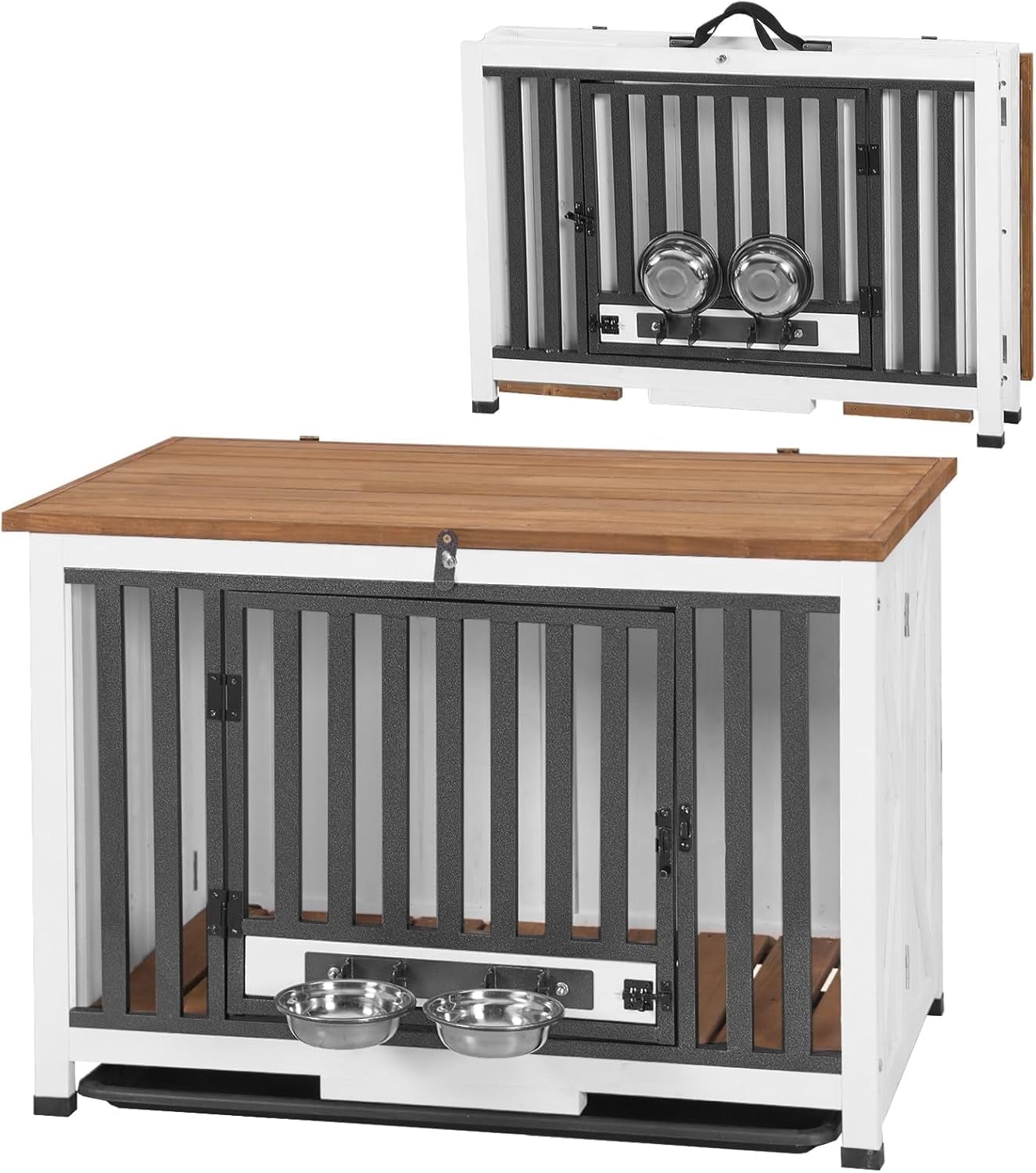Aivituvin Folding Dog Crate Furniture Portable Metal Dog Kennel with Dog Bowls & Tray, Dog Crate for Small & Medium Dogs with Opening Roof