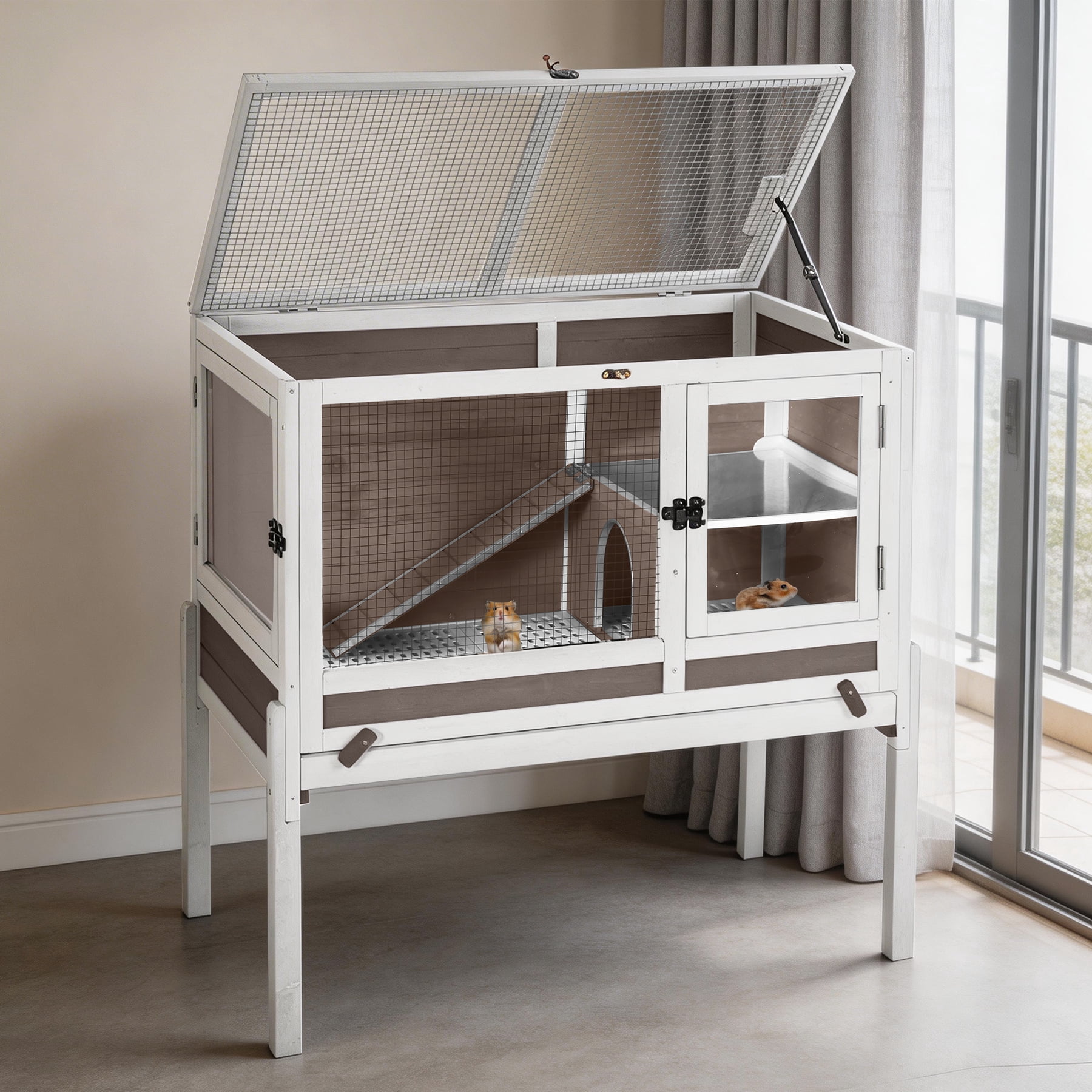 Aivituvin Guinea Pig Cage Indoor Rabbit Hutch with Chew-Proof Edges - Brown