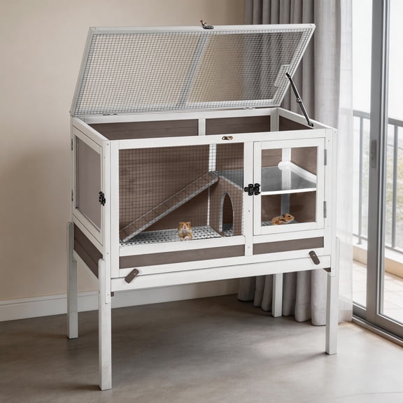Aivituvin Guinea Pig Cage Indoor Rabbit Hutch with Chew-Proof Edges - Brown