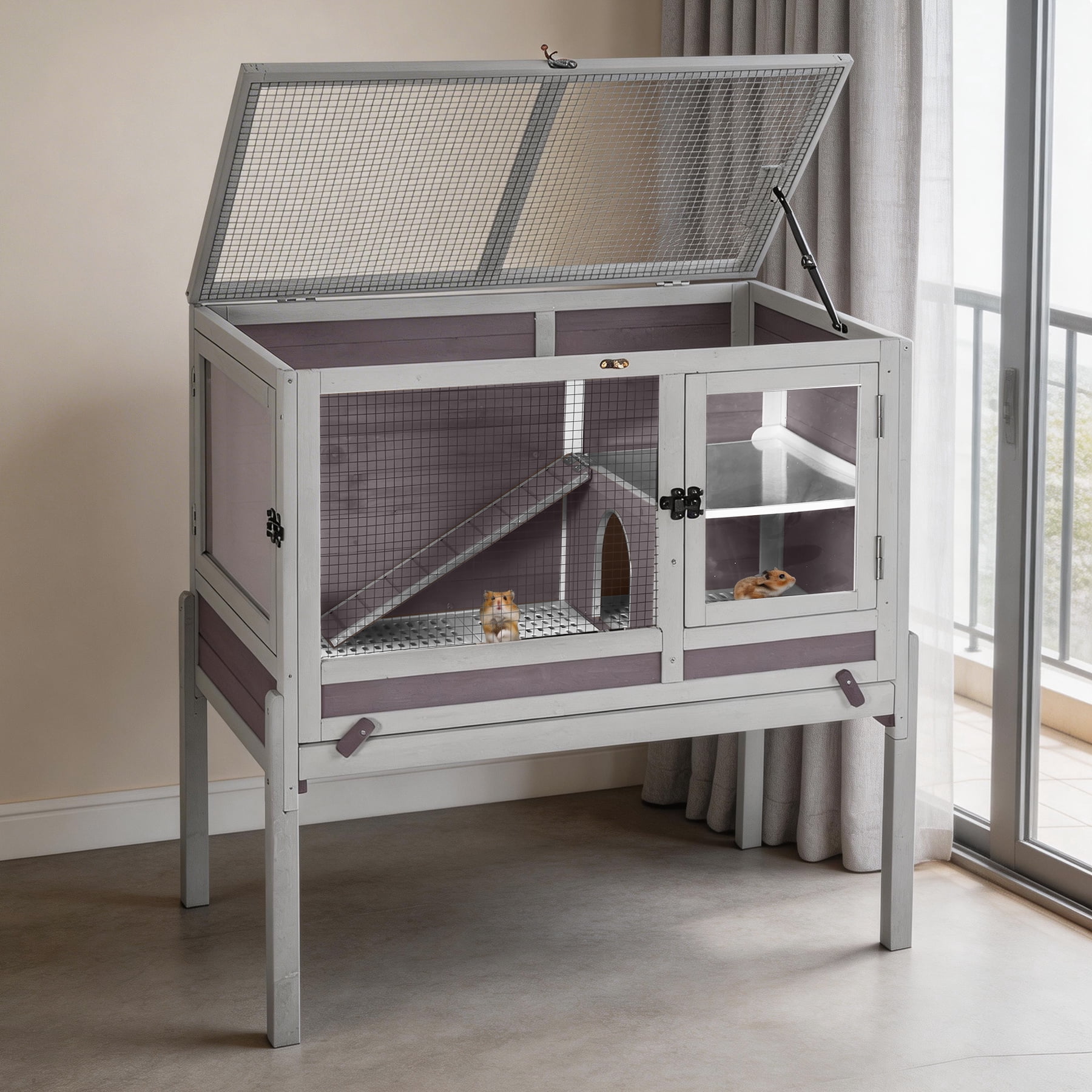 Aivituvin Guinea Pig Cage Indoor Rabbit Hutch with Chew-Proof Edges - Grey